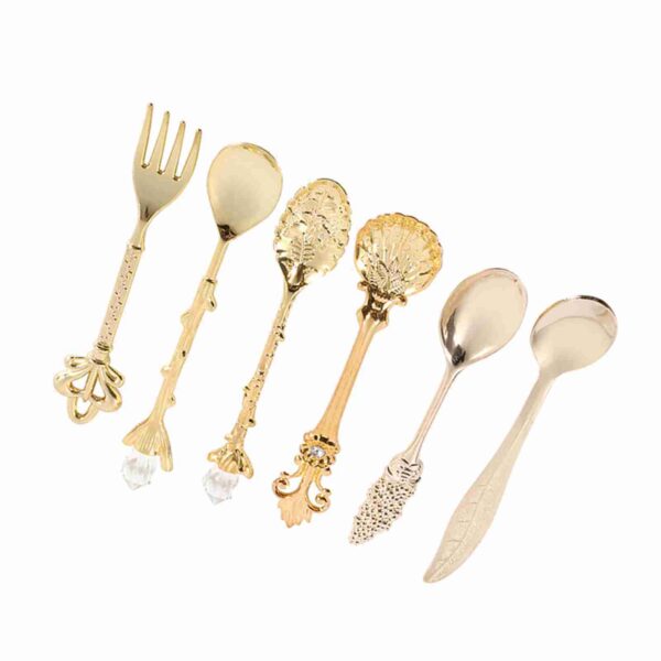 6Pcs/Set Retro Royal Style Metal Mini Coffee Spoons and Fork Kitchen Fruit Accessories Golden - Image 10