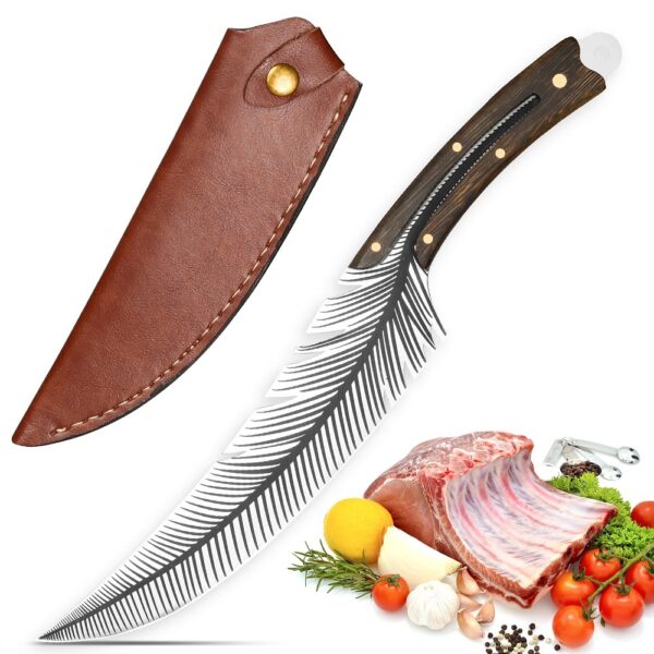 Qulajoy Viking Knife - 13.8 Inch Full Tang Boning Knife With 8.5 Inch Feather Blade & Leather Sheath - Sharp Hand-Forged 7Cr17MOV Real Carbon Steel - Image 8