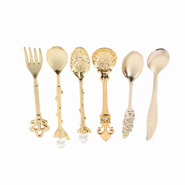 6Pcs/Set Retro Royal Style Metal Mini Coffee Spoons and Fork Kitchen Fruit Accessories Golden - Image 2