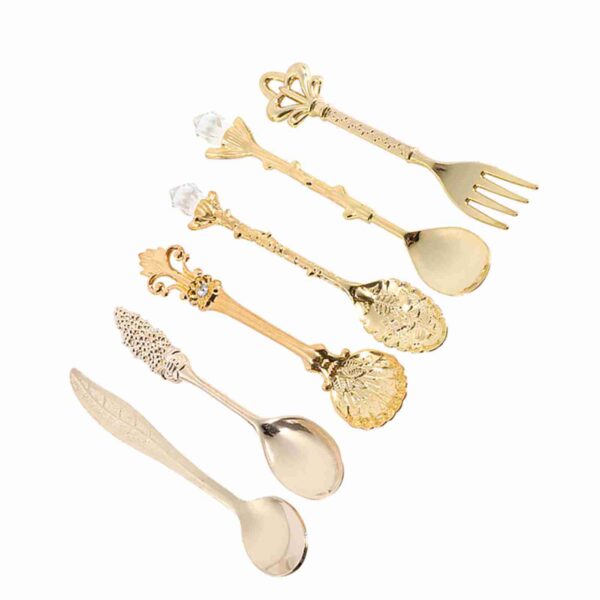 6Pcs/Set Retro Royal Style Metal Mini Coffee Spoons and Fork Kitchen Fruit Accessories Golden - Image 3