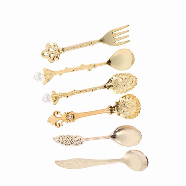 6Pcs/Set Retro Royal Style Metal Mini Coffee Spoons and Fork Kitchen Fruit Accessories Golden - Image 9