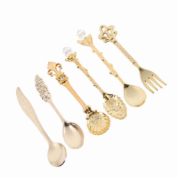 6Pcs/Set Retro Royal Style Metal Mini Coffee Spoons and Fork Kitchen Fruit Accessories Golden - Image 6