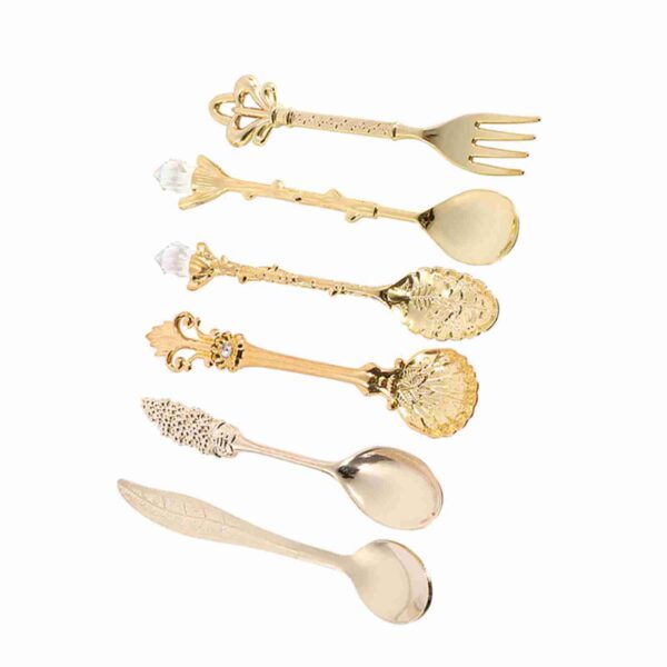 6Pcs/Set Retro Royal Style Metal Mini Coffee Spoons and Fork Kitchen Fruit Accessories Golden - Image 4