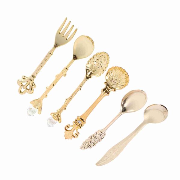 6Pcs/Set Retro Royal Style Metal Mini Coffee Spoons and Fork Kitchen Fruit Accessories Golden - Image 8